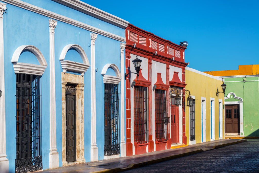 Beautiful colorful colonial buildings in the historic center of Campeche, Mexico
