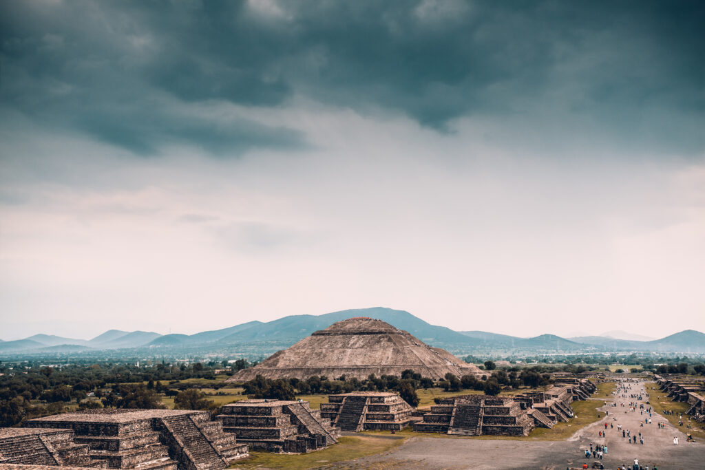 Beautiful Scene of an Ancient Ruins of Maya Pyramids. Pyramids of the Sun and the Moon. Old Aztec Civilization. Touristic Place. Teotihuacan. Mexico.